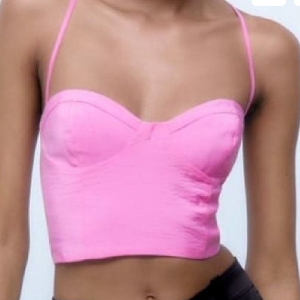 Zara Barbie Pink Lace-up Open Back Bustier Crop Top Size XS